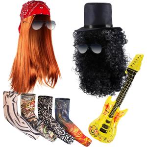 Yingzhao 9 Pcs Rocker Costumes Set for Men Women 80s Rocker Wig Inflatable Guitar Tattoo Sleeve Sunglasses Bandana and Hat