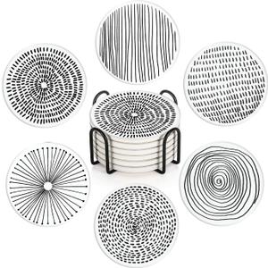 Coaster for Drinks Set of 6, Black White Geometry Absorbent Round Ceramic Stone Mat, with Cork Base and Metal Holder, Gift for Housewarming Room Bar Decor (Doodle Circles)
