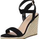 DREAM PAIRS Womens Open Toe Espadrilles Dressy Platform Sandals Buckle Ankle Strap Stylish Wedges Sandals, Size: 8, Black/ Suede