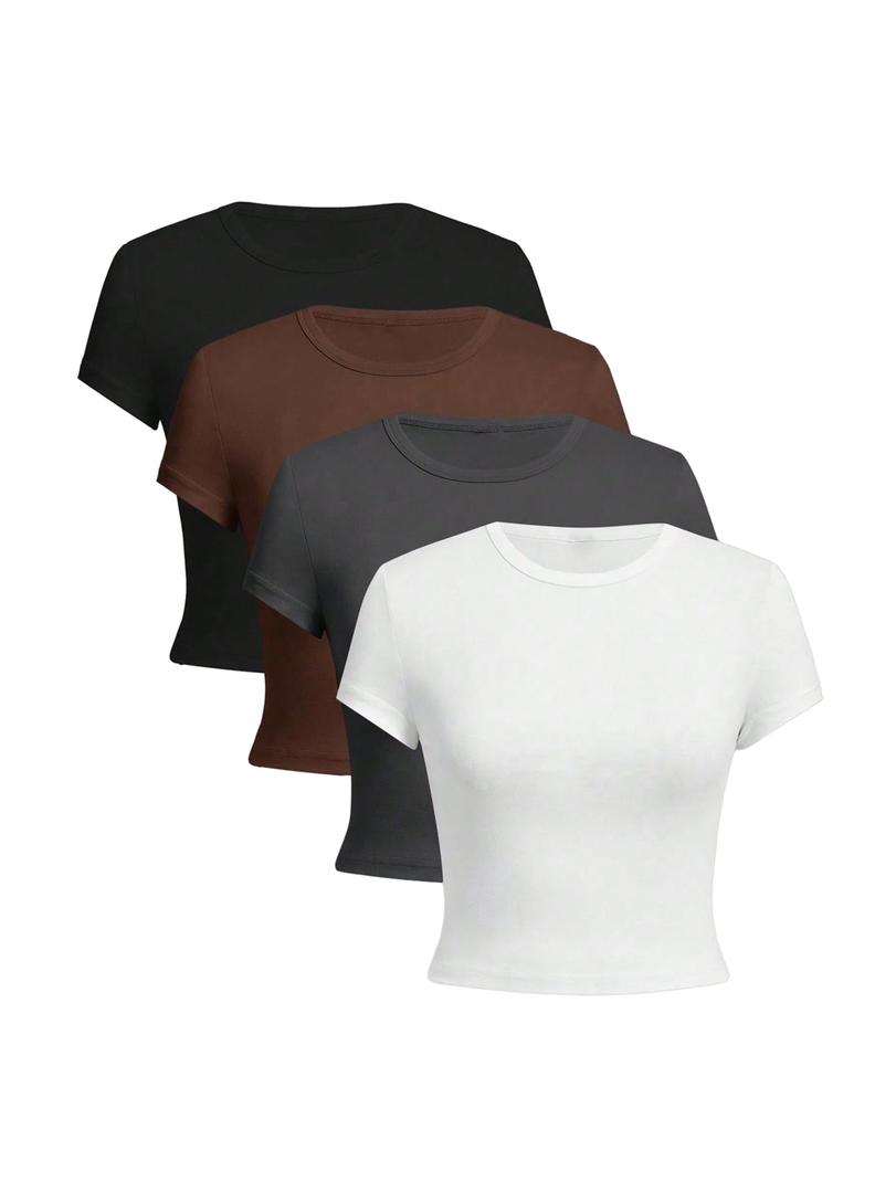 OYOANGLE Girl's 4Pcs Crop Tops Short Sleeve Crew Neck T Shirt (Gray)