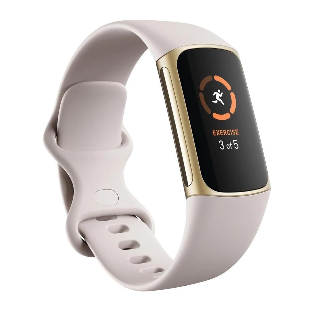 Fitbit Charge 5 Advanced Health & Fitness Tracker with Built-in GPS, Stress Management Tools, Sleep Tracking, 24/7 Heart Rate and More, Lunar White/Soft Gold, One Size (S &L Bands Included)