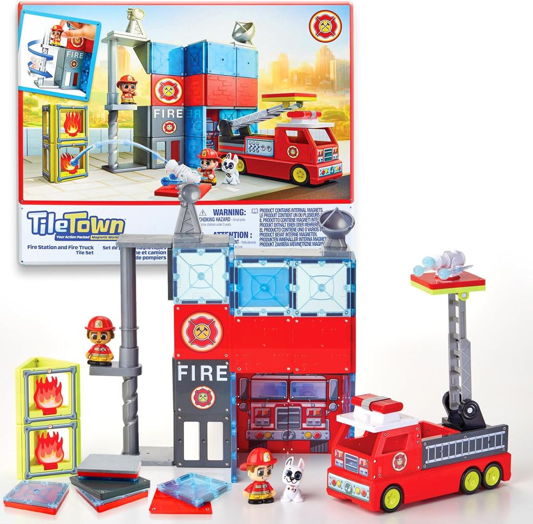 Tile Town Fire Station Magnetic Tiles Set, 66 Piece Kids Magnet Toy, Innovative Action Play Magnetic Tile Building Set Ages 3-6 (Fire House)