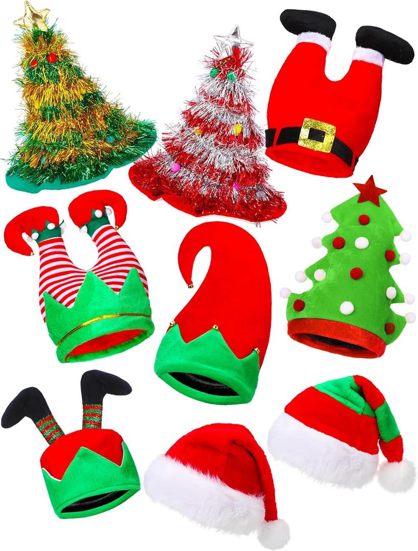 Laumoi 9 Pcs Christmas Hats Santa Xmas Hats Funny Christmas Tree Elf Pants Hat Crazy Hat for Adults Xmas Party Costume