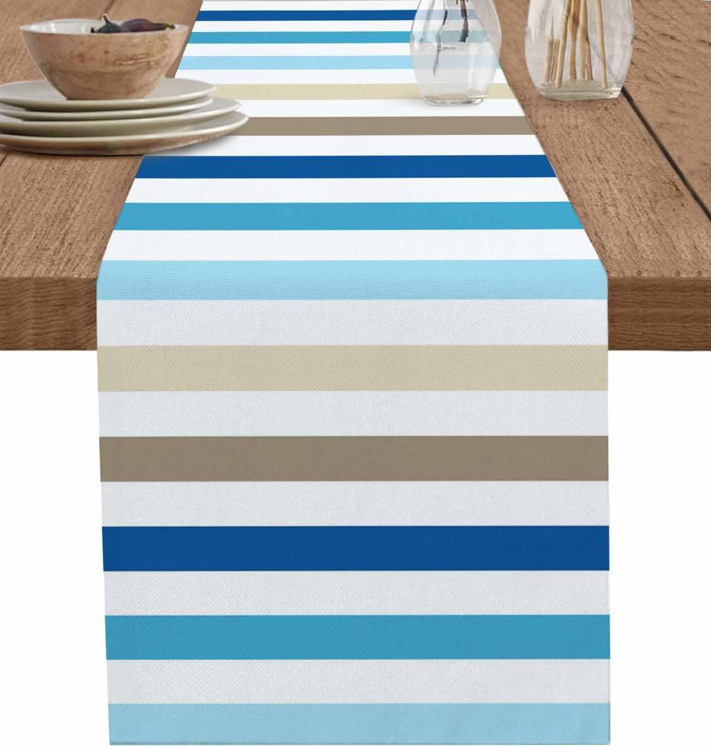 Stripes Table Runner 13x72 inch, Blue Brown Farmhouse Striped Dinning Table Runner for Farmhouse Wedding Party Barbecue Table Decor