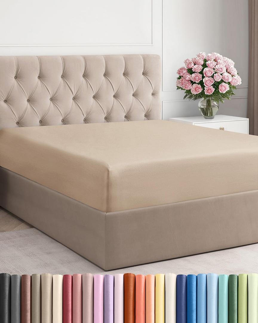LENGTH Deep Pocket Single Fitted Sheet Fits Mattress, Ultra Soft Bottom Sheet for Queen Size Bed - Solid Beige