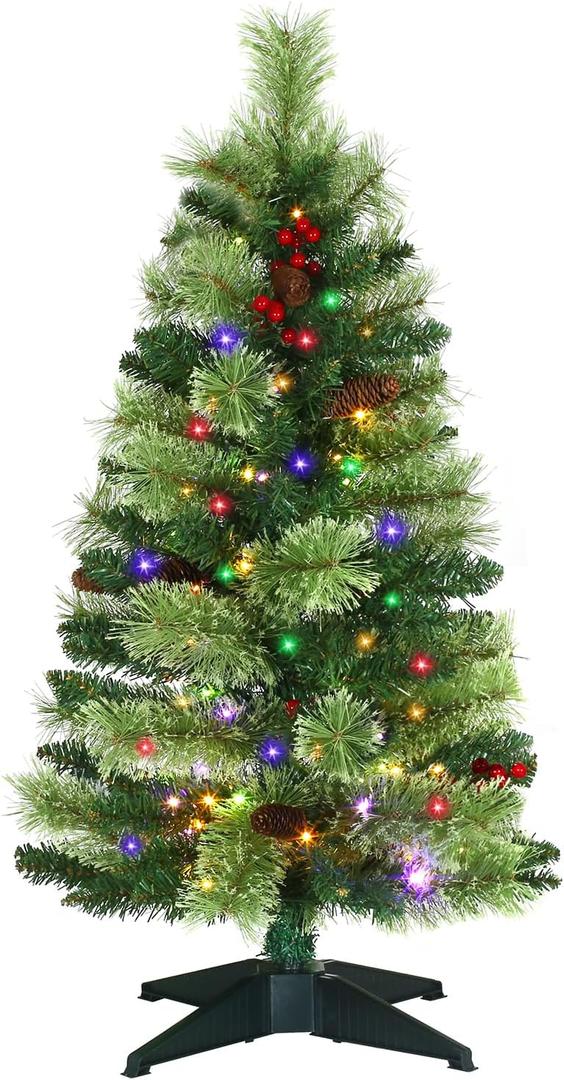 JOYHALO 3FT Small Christmas Tree, Pre-Lit Table Top Mini Tree with Warm White or Multicolor LED, Artificial Christmas Tree with 150 PVC Branches,8-Function Battery Powered for Holiday Decor (3 Ft Blossoming Pine Needles)