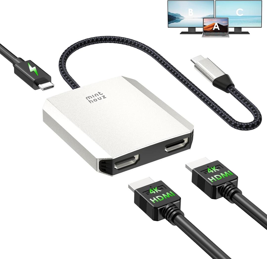 Minthouz USB C to Dual HDMI Adapter, USB c hub Dual 4K@60Hz Dual HDMI Output + 100W PD Power Delivery for MacBook Pro, Dell, HP, Surface, LG (MST is not Supported on MacOS)
