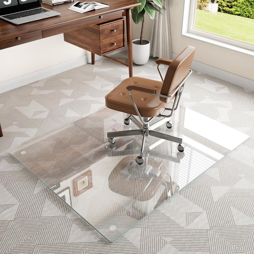 36"x46" Tempered Glass Chair mat for Carpet | Tempered Glass, Round Corner, Desk Floor Mat for Office Chair/Rolling Chair/Hardwood Floor, 6 Anti-Slip Pads
