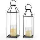 Lanterns Decorative Outdoor 2PCS Living Room Decor Lantern Black Metal Lantern Front Porch Decor Lanterns Decor Indoor with LED Candle Lanterns Decor No Glass for Indoor Outdoor (Small & Large, 2Pcs)