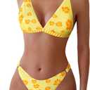 ZAFUL Women's 2 Piece Floral Print Swimsuit Triangle String High Cut Bikini Sets Bathing Suit (Medium, 1-lemon Yellow)