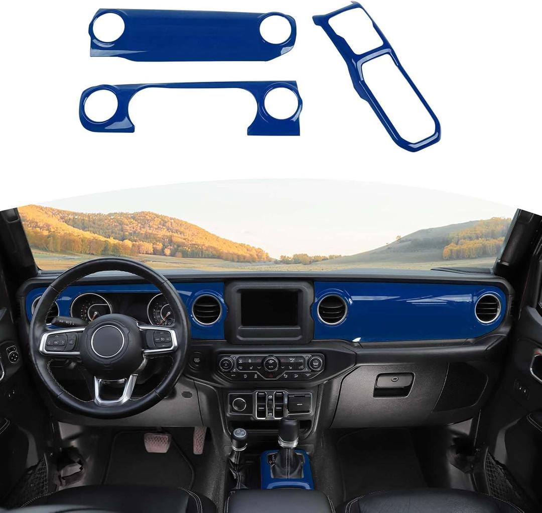 RT-TCZ for Wrangler JL Dash Trim Cover Blue, Gear Shift Panel Trim Frame for Jeep Wrangler JL JLU Gladiator JT 2018-2023 Blue Interior Accessories 3pcs