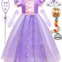 Luzlen Purple Princess Costume for Girls Kids Dress up Outfit with Wig Halloween Birthday Party, 4-5 Years(Label 120)