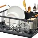 YAMAZAKI Home Dish Drying Rack – Modern Black Dish Rack for Kitchen Counter with Removable Drainer Tray and Cutlery Holder, Steel + Wood Dish Drying Organizer, Small Space-Saving Design, 13.2 x 18.5 x 7.9 inches
