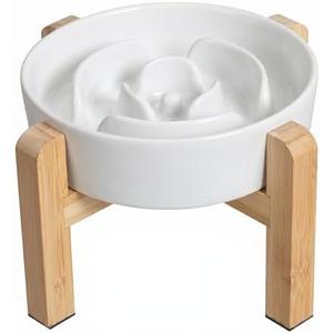 Elevated Slow Feeder Dog Bowl - Ceramic Maze Food Dish with Bamboo Stand - Raised Feeding Bowl for Fast Eaters - Ideal for Small and Medium Dogs - White - 6.7 inch