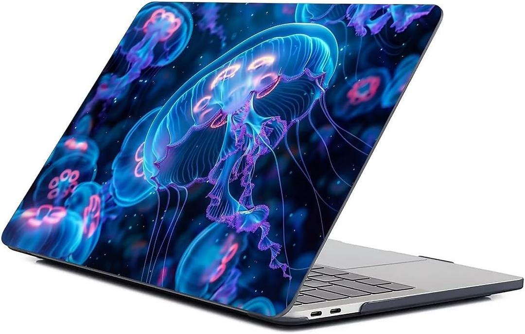 Compatible with MacBook Air 13.6 Inch 2022 2025 Release M2 A2681 M4 A3240 Plastic Black Computer Case for Girl Boy Fashion Pattern Abstract Dark Ocean Neon Glowing Jellyfish