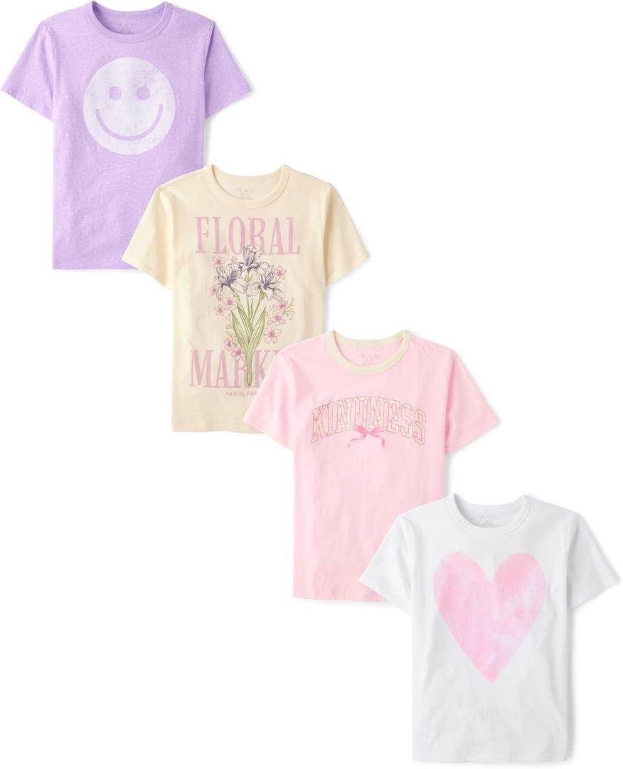 The Children's Place Girls' Trends,Icons Short Sleeve Graphic T-Shirts,4 Pack (M)