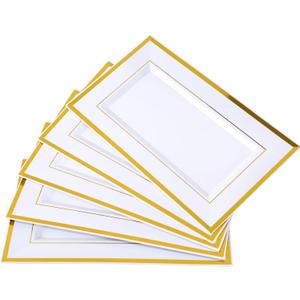 Mwellewm 12 Pcs White Plastic Serving Trays with Gold Rim, 14''x9'' Rectangle Dessert Trays for Dessert Table, Disposable Platters Cookie Cupcake Gold Serving Tray for Birthday Party Wedding