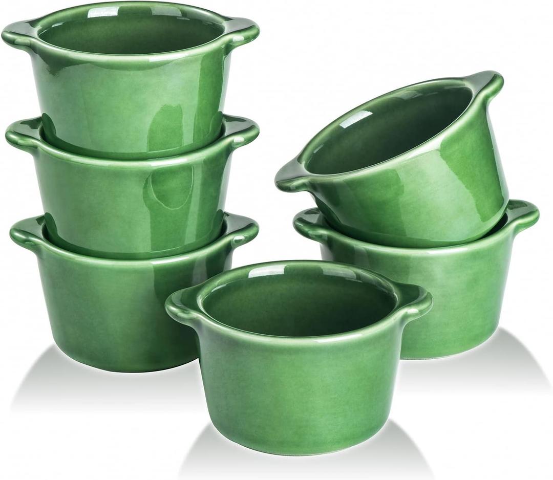Creme Brulee Ramekins Ceramic Bowls - VICRAYS Mini Custard Cups 6 oz oven Safe Bowls Souffle Dishes for Baking Individual Casserole Dipping Sauce, Set of 6, Green
