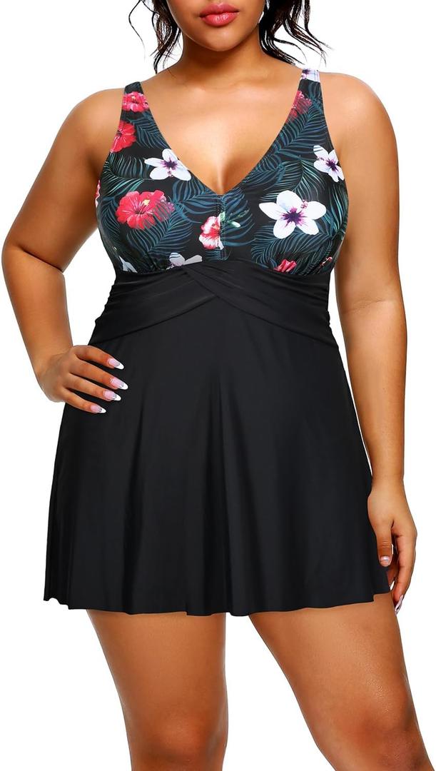 Holipick Plus Size Swim Dress Women - One Piece Swimsuit with Skirt V Neck Tummy Control Bathing Suit