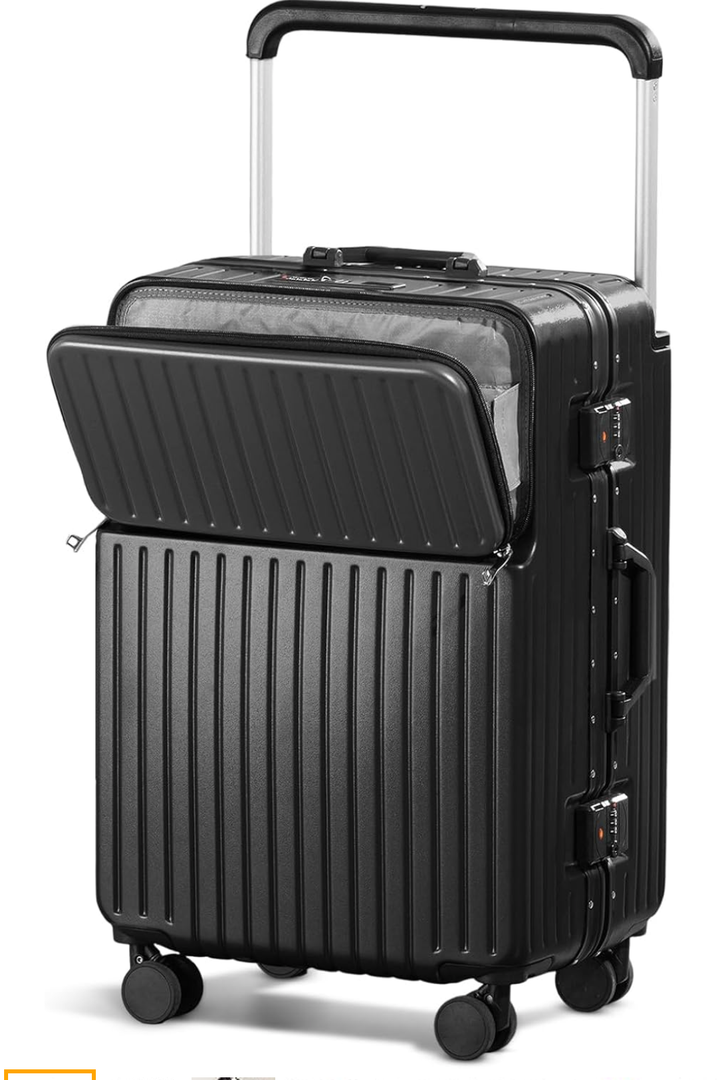 20" Aluminum Frame PC Hard Shell Spinner Suitcase for Travel, Cabin Luggage Airline Certified, 360° Spinner, TSA Lock, Cup and Phone Holder, USB Charging Port, Sky Blue (Black, 20 in)