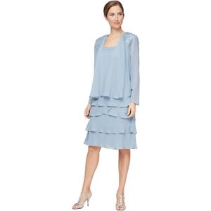 S.L. Fashions Women's Mother of The Bride Tiered Jacket Dress with Shoulder Embellishment (Size 12, Hydrangea)