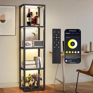 OUTON 67" Glass Display Shelf with Dimmable LED Floor Lamp, Collectibles Display Cabinet with Remote & App Control, 5 Tier Open Bookshelf Lamp for Living Room, Bedroom, Office, Home Decor, Black