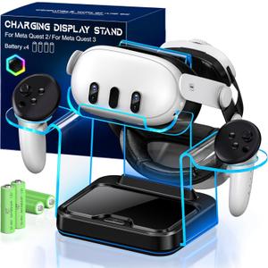 Fast VR Charging Dock for Meta Oculus 3: LED Quest Charging Station for Oculus 3S Aceesories - Light Up Controller Stand with 4 Rechargeable Batteries for Meta Quest 2 (Black)