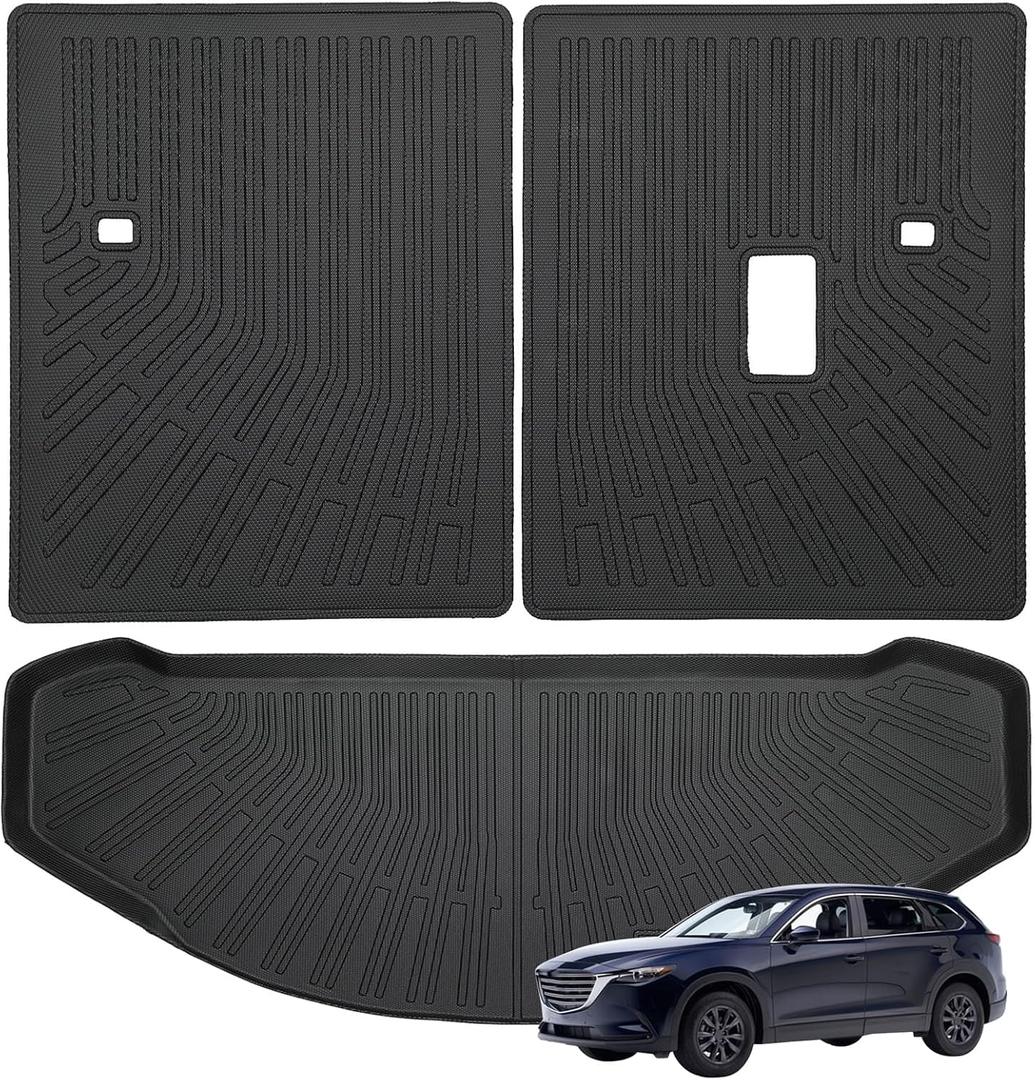 Priprilod Trunk Cargo Liner & Backrest Mat Custom Fit for Mazda CX-9 2016-2023, All Weather TPE Rear Cargo Mat with Seat Back Protector, Waterproof Non-Slip 3PCS Set