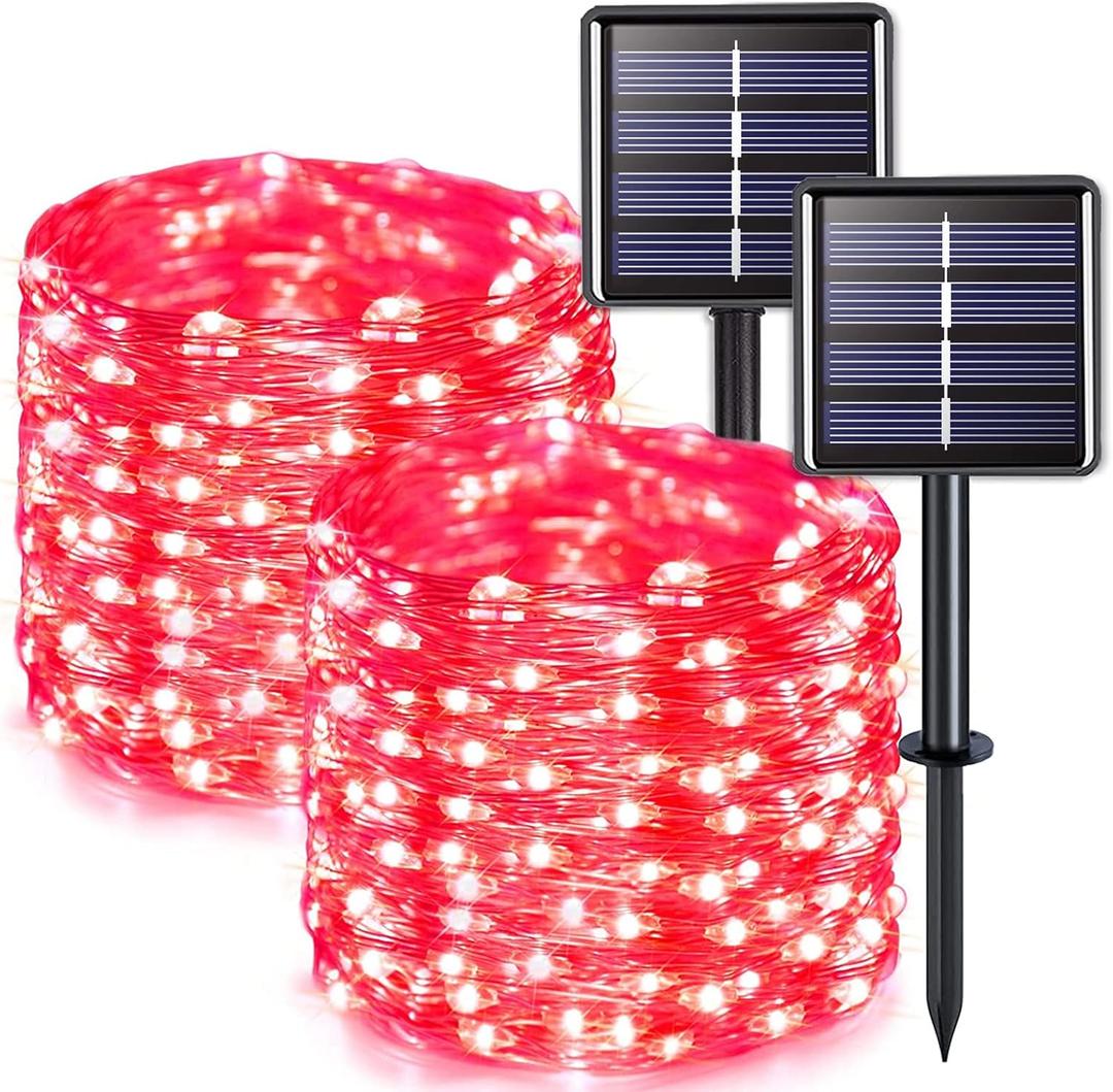 JMEXSUSS 2 Pack Red Solar Lights Outdoor Waterproof, Each 33FT 100 LED Red Christmas Lights, Solar Fairy String Light for Outside Tree Party Patio Christmas Valentines Decorations