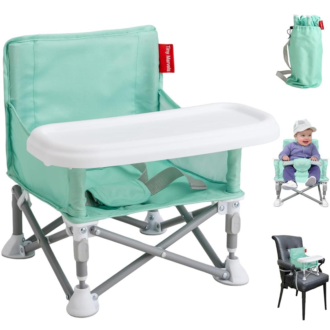 Tiny Marvels Portable Booster Seat, Foldable Baby High Chair with Removable Tray, Safety Harness & Carry Bag  for Toddlers Ages 6M-3Y, Ideal for Dining, Travel, Camping & Family Time (Green)