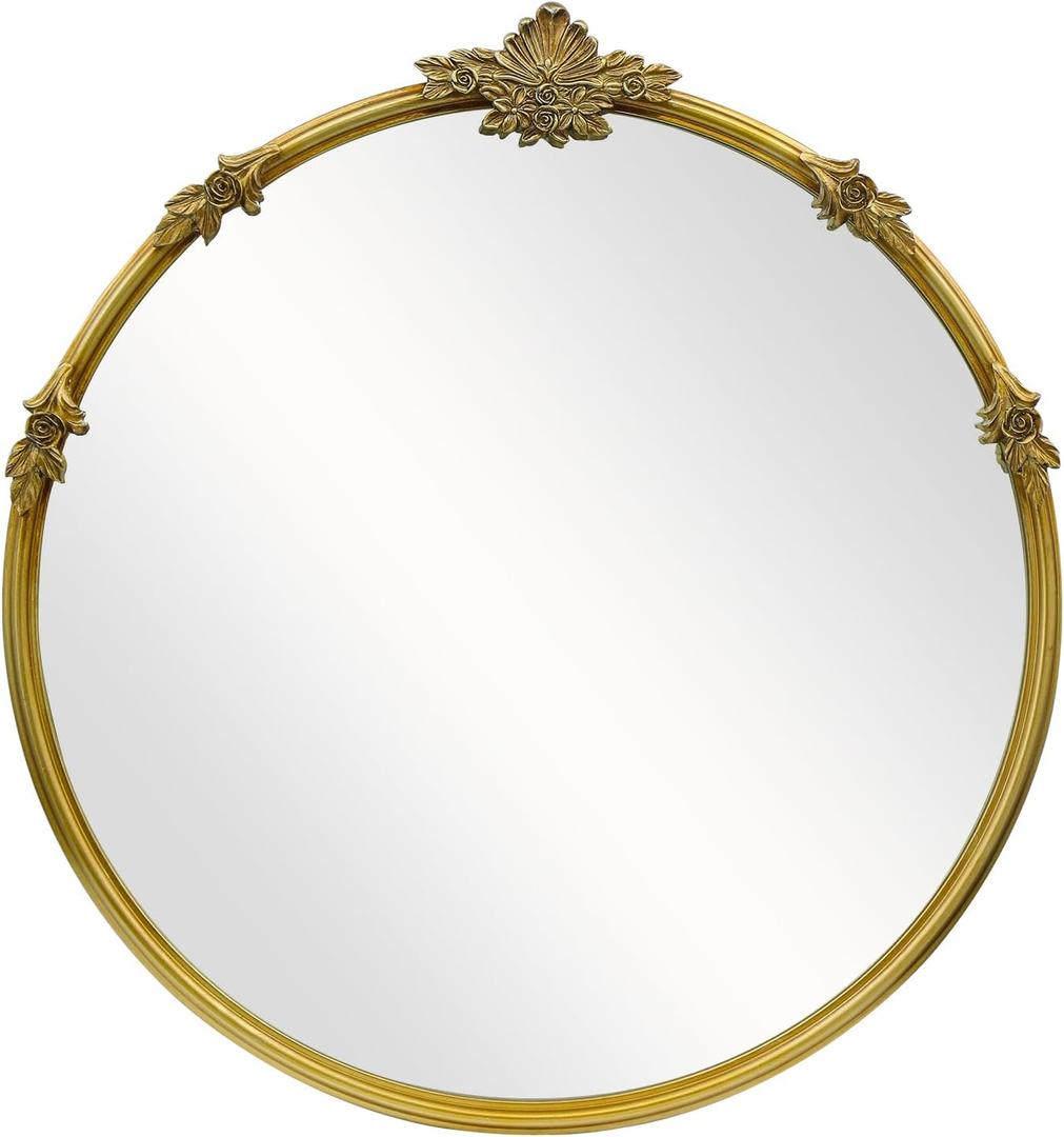 Gold Round Mirror - Baroque Style Ornate 24 Inch Mirror Suitable for Home Decoration, Bedroom, Living Room Wall Art, Retro Luxury Metal Frame Design
