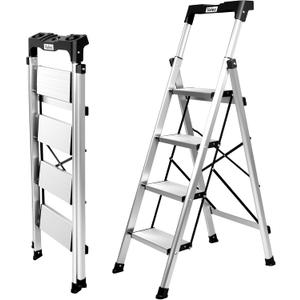 Valeo Aluminium 4 Step Ladder with Retractable Handgrip,Anti-Slip Pedal,330 lbs Capacity,Folding Step Stool for Kitchen, Garage, Home, Space Saving, Sturdy and Portable, Silver