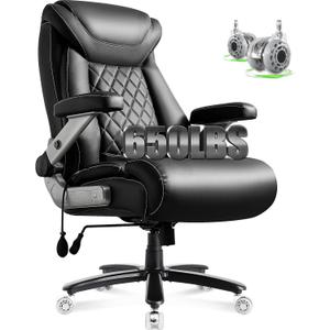 Large Big and Tall Office Chair 650lbs with Thick Spring Cushion, 5D Flip Arm Ergonomic Executive Office Chair Adjustable Lumbar Airbag&Extra Wide, Comfy Padded Heavy Duty Game Chair Dual Rubber Wheel