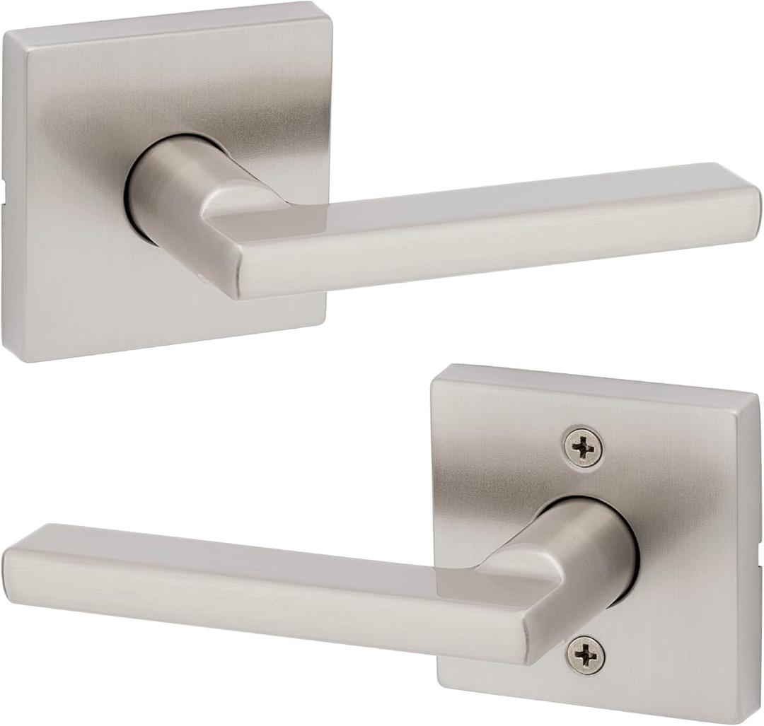 Kwikset Halifax Interior Passage Door Handle, Lever For Closet and Hallway Doors, Reversible Non-Locking Handle Lever, Satin Nickel, with Microban Protection (Square)