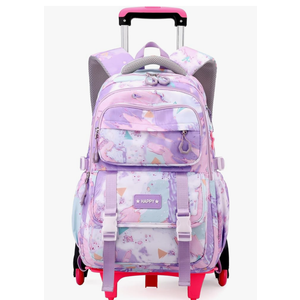 Kids Rolling Backpack for Girls School Backpack with Wheels for Girls Wheeled Bookbags Roller Trolley Bags for Primary Students, 6-Wheel Purple