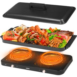 AEWHALE Portable Double Electric Burner with Removable Cast Aluminium Griddle Pan Non-stick,1800 W Hot Plate for Cooking, Independent Temperature Control for Family Party
