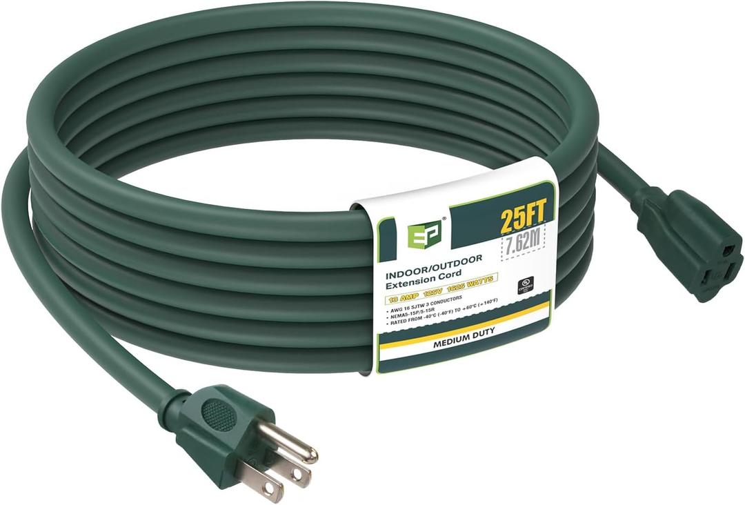 EP 25FT Green Outdoor Extension Cord, 16/3 SJTW Heavy Duty Waterproof, 3 Prong Grounded Plug, 13A 1625W 16AWG, Cold-Resistant Flexible Power Cable for Garden, Home, Christmas Lights, UL Listed