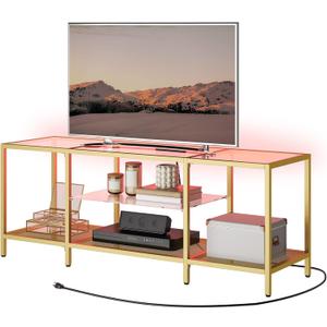 HOOBRO TV Stand with LED Lights and Power Outlets for TVs up to 65", Modern 55 Inch Tempered Glass TV Console Table with Open Shelves, Media Entertainment Center for Living Room, Gold GD145UDS01