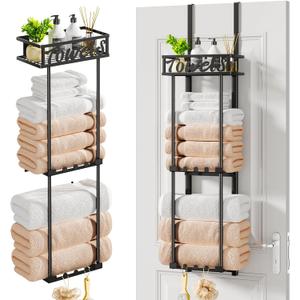 HapiRm Towel Rack Bathroom Storage - 3 Tier Over The Door & Wall Mounted Rolled Towel Racks Holder Organizer with Metal Shelf and 6 Hooks for Small Bathroom, Camper, Rv - Black