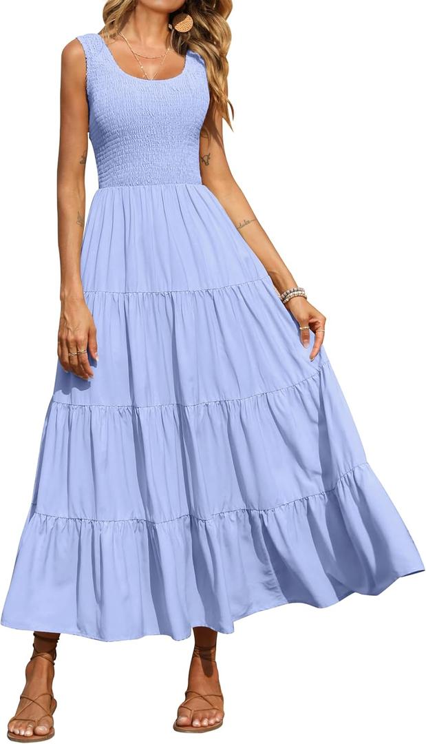 PRETTYGARDEN Women's 2026 Casual Loose Plain Maxi Sundress Smocked Tank Dress Sleeveless Summer Beach Tiered Long Dresses (Blue, XL)