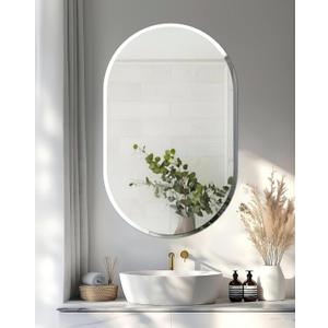 Frameless Oblong Wall Mirror: Decorative Oval Mirrored Glass Vanity with Beveled Silver Edge for Bathroom Bedroom Livingroom Dining Room Entryway Hallway, 32 x 20 inch