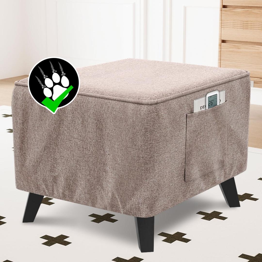 H.VERSAILTEX Ottoman Cover Square Fit Length 36"-37" Footrest Linen Look Square Soft Ottoman Covers Slipcover Storage Ottoman Cover Foot Stool Cover with Elastic Bottom - Heather Taupe