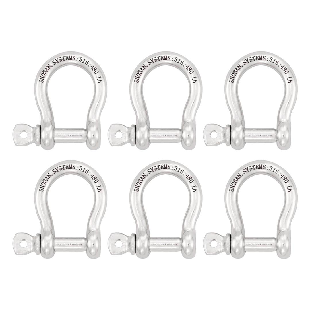 SHONAN 1/4" Small Bow Shackles, Marine Grade D Ring Shackle, 6 Pcs Stainless Steel Shackles Screw Shackles for Chain or Strap, 480 Lbs Capacity