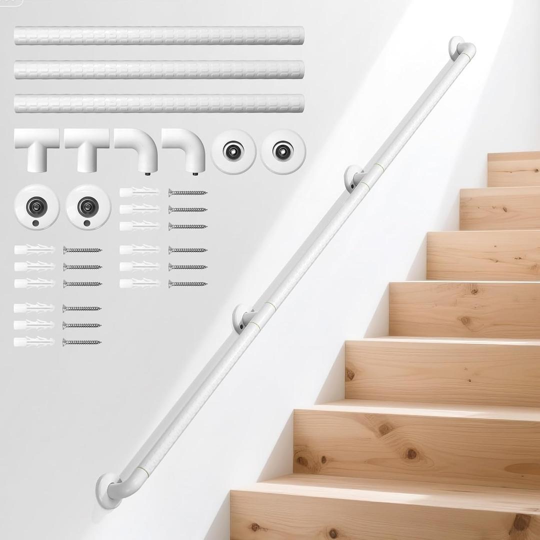 6.2FT Wall Mounted Stair Handrail, Anti-Slip ABS Cover with 304 Stainless Steel Core, Indoor & Outdoor Handrail for Stairs & Steps, 400lbs Load Capacity, Grab Bars for Wall (White, 190cm)