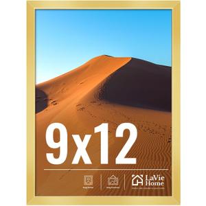 LaVie Home 9x12 Picture Frame for Wall Display, 9x12 Gold Picture Frame with HD Plexiglas, 9 x 12 Poster Frame 1 Pack, Display Frame for Vertical or Horizontal, Classic Collection