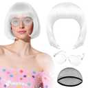 PLULON White Bob Wig with Heart Sunglasses and Hair Cap, Colorful Short Bob Wigs Synthetic Party Wigs Funny Cosplay Hairpieces for Women Men Daily Bachelorette Halloween Costume Party Decorations