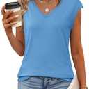 JUSTFASHIONNOW Lace Blouse Soft Cap Sleeve Tops for Women Summer V Neck Tank Tops Dressy Casual Shirts Trendy Clothes (Blue, M)