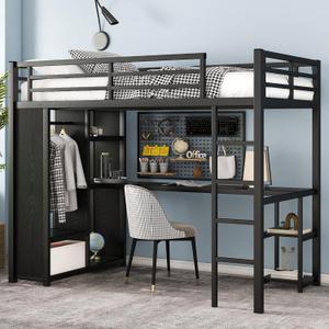 Twin XL Loft Bed with Desk and Storage Shelves, Twin XL Loft Bed with Wardrobe and Hanging Rod, Game Loft Bed with Guardrail and Ladder(Twin XL Black) (Black Wardrobe Shelf)