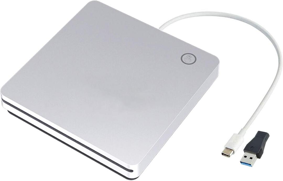 External USB C Slot in Smart Touch CD DVD Drive,USB 3.0 Portable CD/DVD +/-RW ROM Burner Player Writer Drive Compatible with Laptop Desktop MacBook Pro Air iMac Windows10-Silver