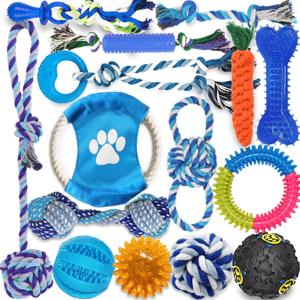 Dog Toys 15 Pack for Teeth Cleaning and Fun, Puppy Teething Chew Toys Interactive Rope Squeaky Treat Balls & Rubber Tous Bulk Variety Dog Gifts Set Reduce Anxiety & Save Furniture (Blue)
